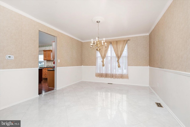 5 Primrose Dr, Burlington Township, NJ 08016 - unfurnished dining area featuring a chandelier, crown molding, wallpapered walls, light tile patterned flooring, and baseboards