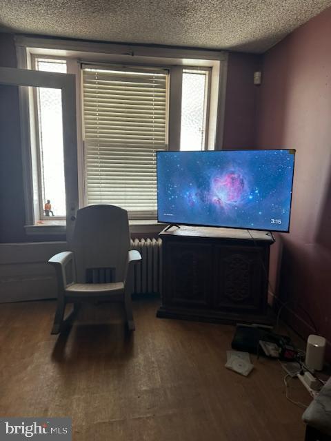 518 S 55th St, Philadelphia, PA 19143 - office with radiator heating unit, a textured ceiling, wood finished floors, and plenty of natural light