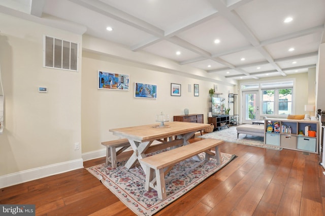 3615 10th St NW Unit A, Washington, DC 20010 - dining space with coffered ceiling, beamed ceiling, wood-type flooring, baseboards, and recessed lighting