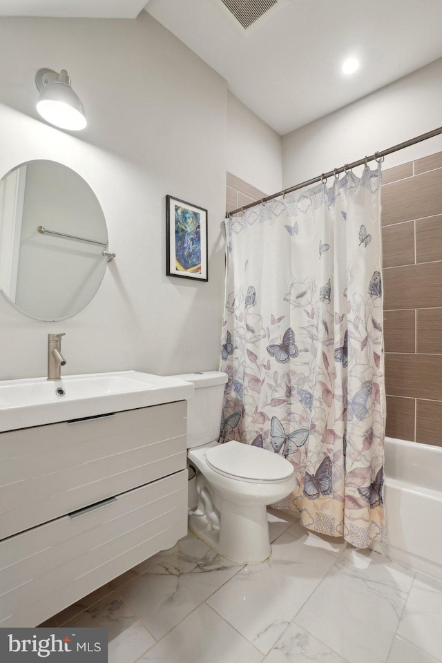 3615 10th St NW Unit A, Washington, DC 20010 - full bath with vanity, marble finish floors, toilet, and shower / bathtub combination with curtain