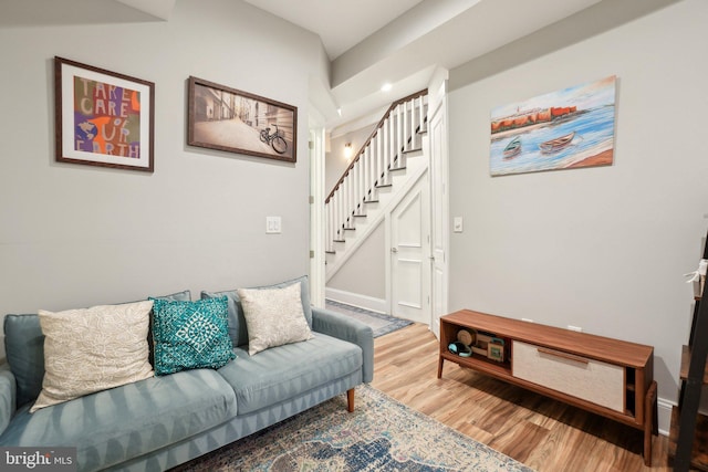 3615 10th St NW Unit A, Washington, DC 20010 - living room with stairway, wood finished floors, and baseboards
