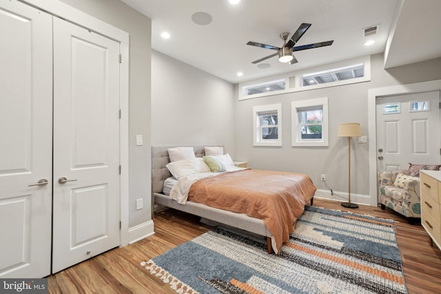 3615 10th St NW Unit A, Washington, DC 20010 - bedroom featuring baseboards, wood finished floors, recessed lighting, and ceiling fan