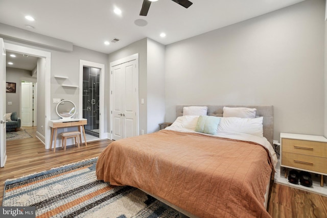 3615 10th St NW Unit A, Washington, DC 20010 - bedroom featuring wood finished floors, recessed lighting, a closet, baseboards, and a ceiling fan