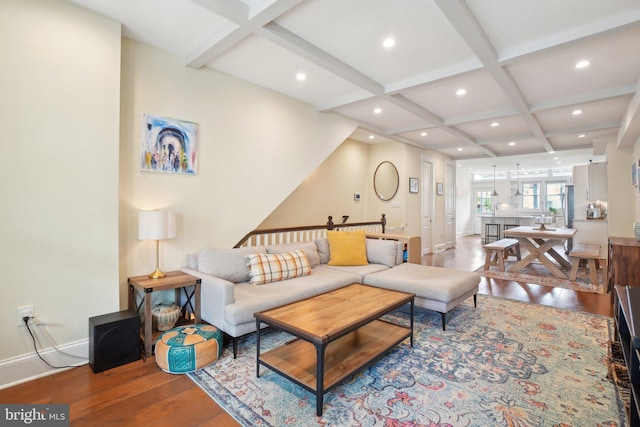 3615 10th St NW Unit A, Washington, DC 20010 - living room with wood finished floors, coffered ceiling, recessed lighting, baseboards, and beamed ceiling