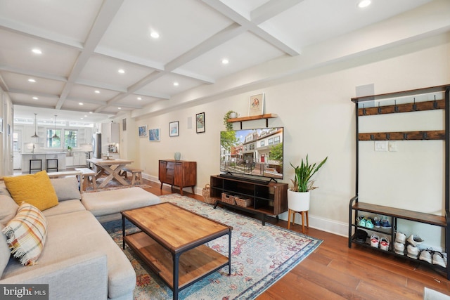 3615 10th St NW Unit A, Washington, DC 20010 - living room featuring coffered ceiling, wood finished floors, baseboards, beam ceiling, and recessed lighting