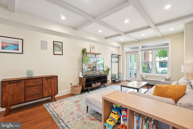 3615 10th St NW Unit A, Washington, DC 20010 - living room with wood finished floors, beam ceiling, coffered ceiling, recessed lighting, and baseboards