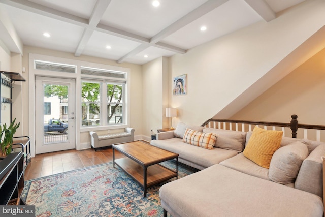 3615 10th St NW Unit A, Washington, DC 20010 - living room with beam ceiling, wood finished floors, recessed lighting, coffered ceiling, and baseboards