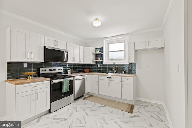 106 1st Ave, Lincoln University, PA 19352 - kitchen featuring appliances with stainless steel finishes, light marble finish flooring, a sink, open shelves, and white cabinetry