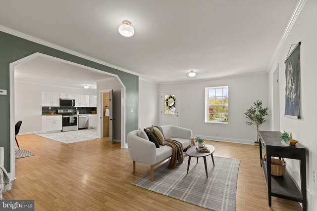 106 1st Ave, Lincoln University, PA 19352 - living area featuring crown molding, light wood-style flooring, baseboards, and arched walkways