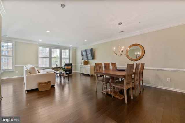 23492 Bluemont Chapel Ter, Ashburn, VA 20148 - dining space with a chandelier, dark wood-style flooring, crown molding, baseboards, and recessed lighting