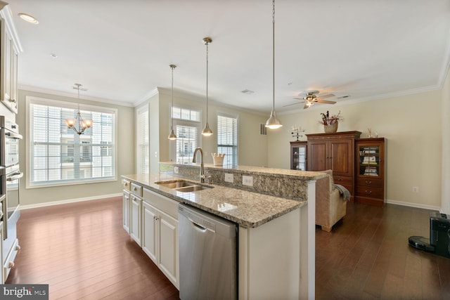 23492 Bluemont Chapel Ter, Ashburn, VA 20148 - kitchen featuring stainless steel appliances, a sink, dark wood-type flooring, baseboards, and a kitchen island with sink