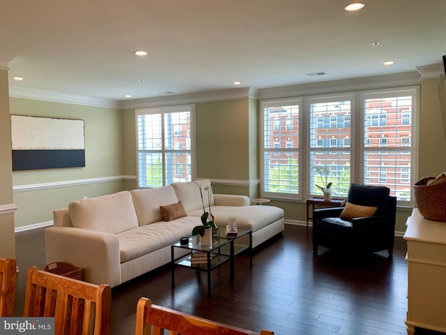 23492 Bluemont Chapel Ter, Ashburn, VA 20148 - living room featuring crown molding, dark wood finished floors, baseboards, and recessed lighting