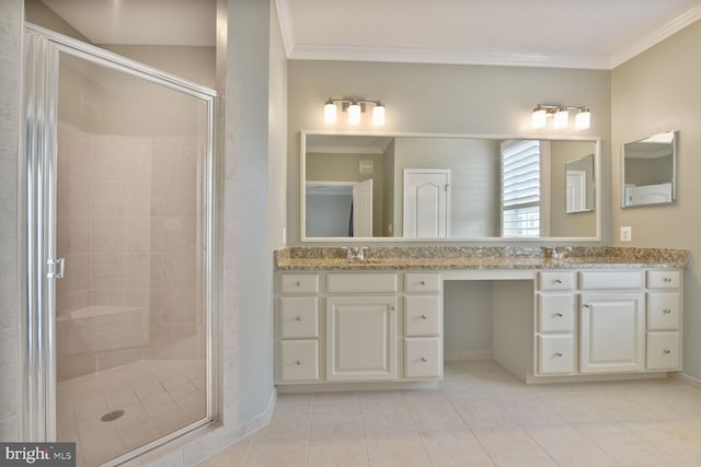 23492 Bluemont Chapel Ter, Ashburn, VA 20148 - bathroom featuring double vanity, a stall shower, ornamental molding, tile patterned floors, and baseboards