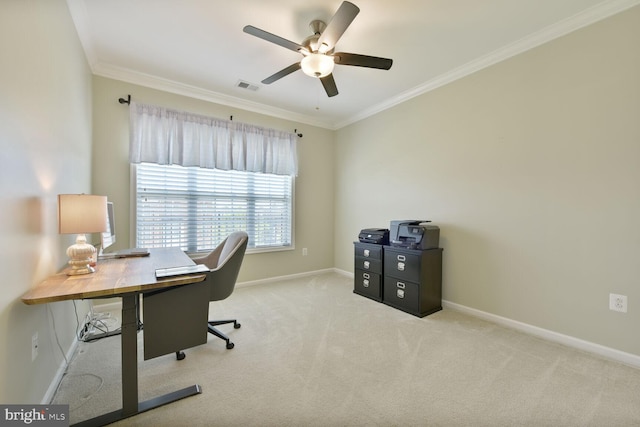 23492 Bluemont Chapel Ter, Ashburn, VA 20148 - office with crown molding, a ceiling fan, baseboards, and carpet floors