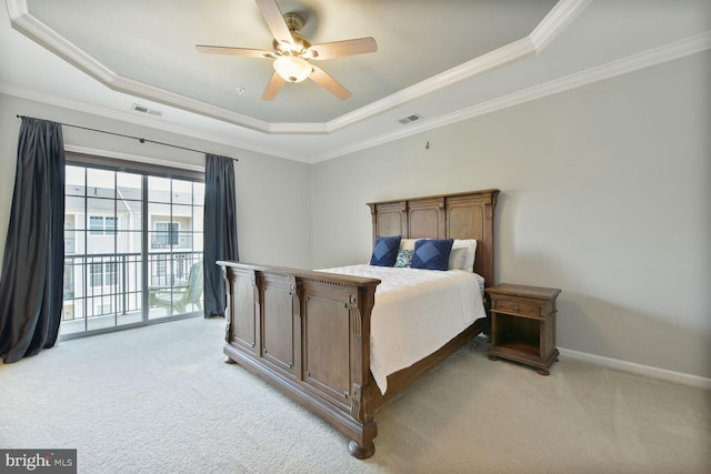 23492 Bluemont Chapel Ter, Ashburn, VA 20148 - bedroom featuring a raised ceiling, light carpet, crown molding, access to outside, and ceiling fan
