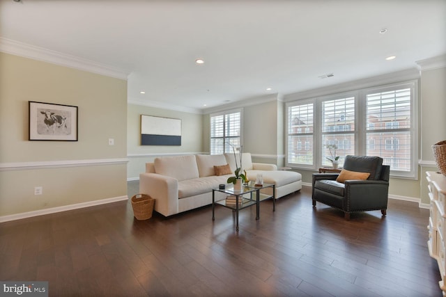 23492 Bluemont Chapel Ter, Ashburn, VA 20148 - living room featuring ornamental molding, dark wood finished floors, recessed lighting, and baseboards