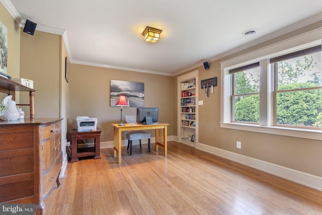 1104 N Pleasantview Rd, Pottstown, PA 19464 - home office featuring ornamental molding, light wood finished floors, baseboards, and built in shelves