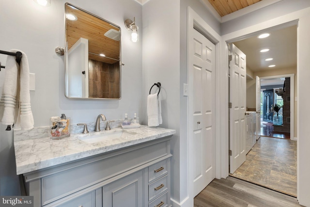 1104 N Pleasantview Rd, Pottstown, PA 19464 - bathroom featuring vanity, recessed lighting, wood finished floors, and wood ceiling