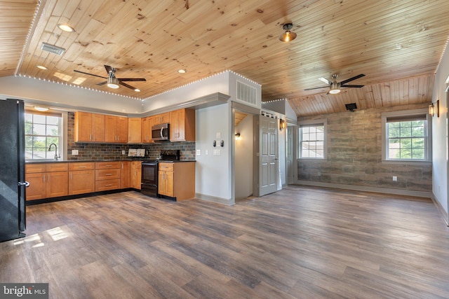 1104 N Pleasantview Rd, Pottstown, PA 19464 - kitchen with black appliances, a ceiling fan, lofted ceiling, wood ceiling, and baseboards