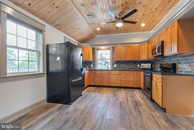 1104 N Pleasantview Rd, Pottstown, PA 19464 - kitchen featuring black appliances, dark wood finished floors, wooden ceiling, a sink, and a ceiling fan