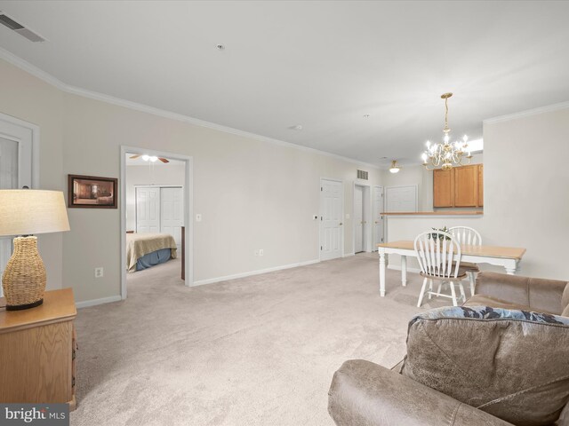 2608 Chapel Lake Dr Unit 112, Gambrills, MD 21054 - living area with ornamental molding, light colored carpet, a chandelier, baseboards, and ceiling fan
