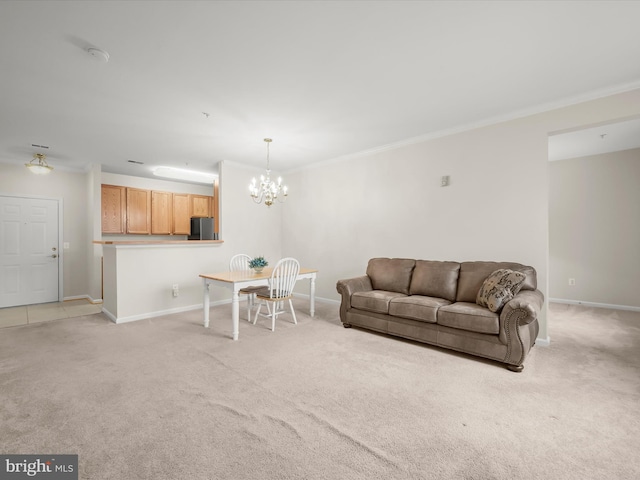 2608 Chapel Lake Dr Unit 112, Gambrills, MD 21054 - living room featuring light colored carpet, ornamental molding, baseboards, and a chandelier