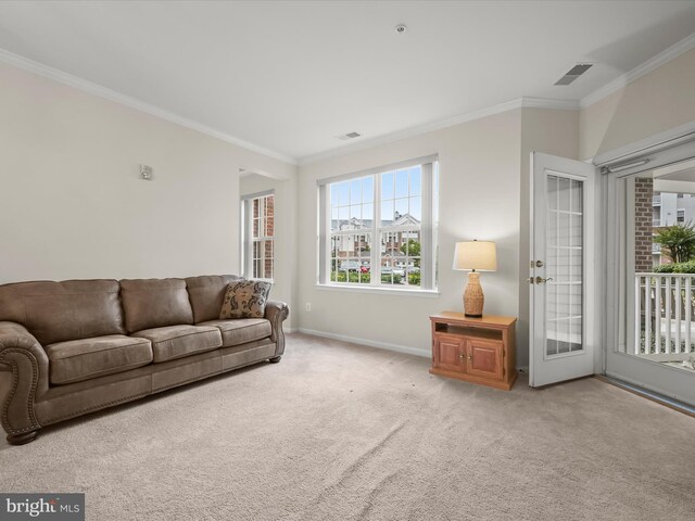 2608 Chapel Lake Dr Unit 112, Gambrills, MD 21054 - living room featuring ornamental molding, light colored carpet, and baseboards