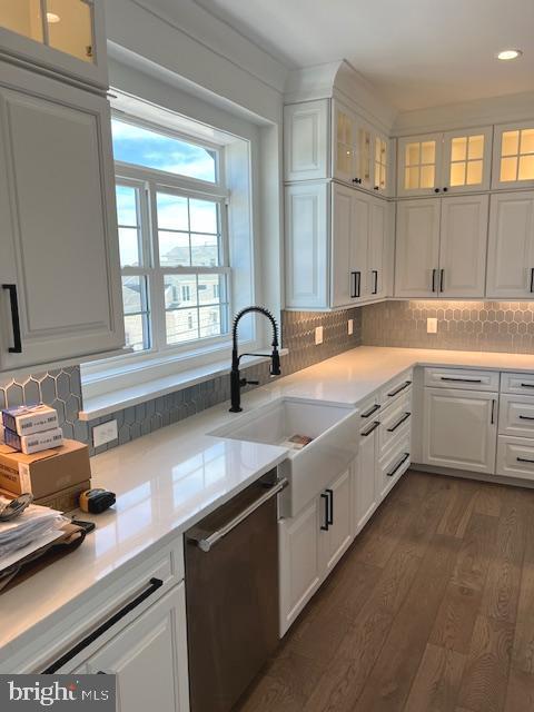 11 Selma Dr, Manahawkin, NJ 08050 - kitchen with dishwasher, a sink, dark wood-style floors, white cabinetry, and recessed lighting