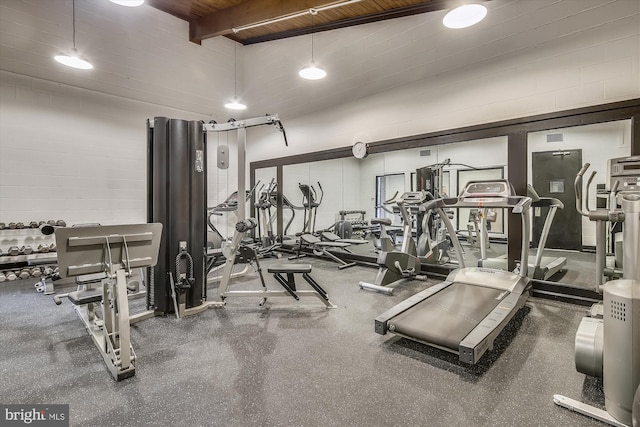 801 N Howard St Unit 305, Alexandria, VA 22304 - workout area featuring wooden ceiling with exposed beams