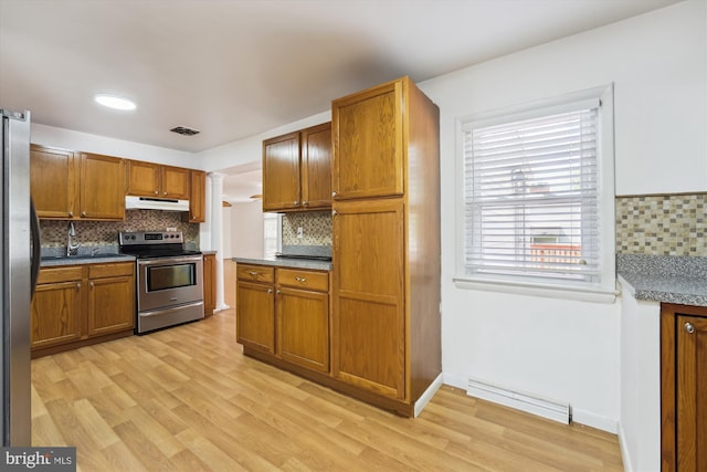 6775 Amherst Rd, Bryans Road, MD 20616 - kitchen with appliances with stainless steel finishes, under cabinet range hood, light wood-style flooring, backsplash, and brown cabinets