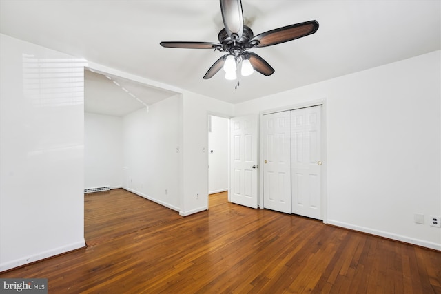 6775 Amherst Rd, Bryans Road, MD 20616 - unfurnished bedroom with baseboards, hardwood / wood-style floors, a closet, and ceiling fan
