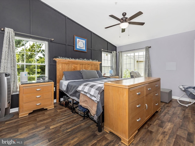 1501 Rambling Way, Frederick, MD 21701 - bedroom with vaulted ceiling, dark wood-style flooring, multiple windows, and a ceiling fan