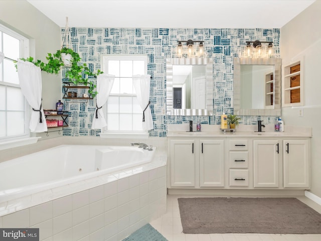 1501 Rambling Way, Frederick, MD 21701 - bathroom with double vanity, a jetted tub, tile patterned floors, and wallpapered walls