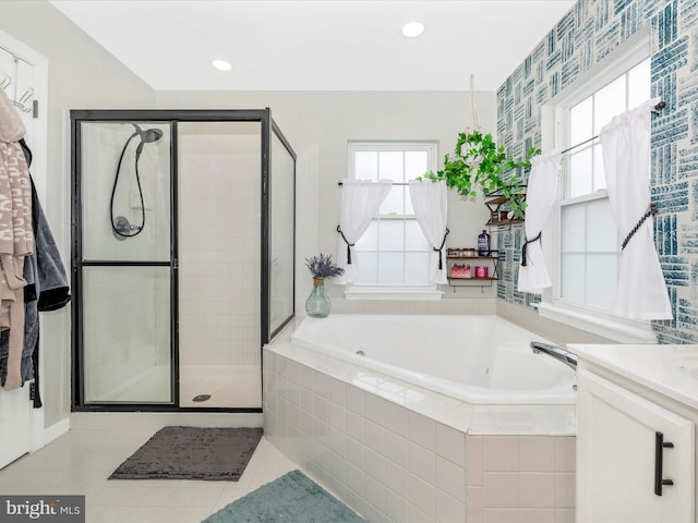 1501 Rambling Way, Frederick, MD 21701 - full bathroom with a jetted tub, a shower stall, plenty of natural light, vanity, and recessed lighting