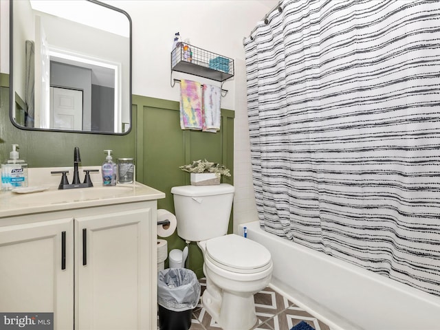1501 Rambling Way, Frederick, MD 21701 - full bathroom featuring shower / bathtub combination with curtain, vanity, and wainscoting