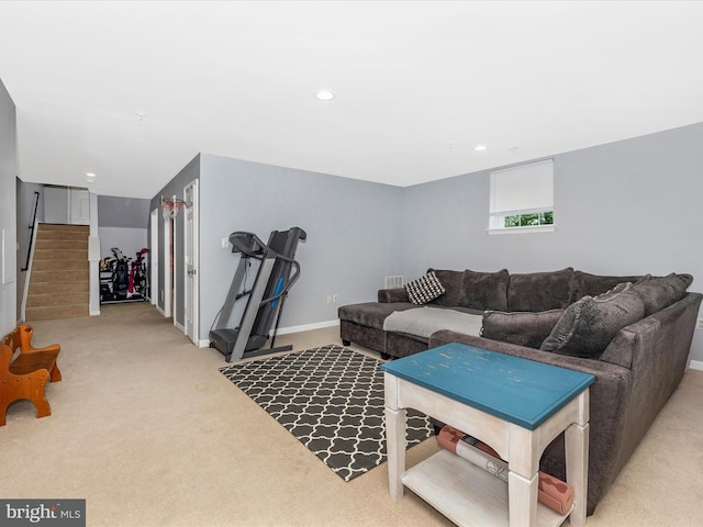 1501 Rambling Way, Frederick, MD 21701 - carpeted living room with stairs and recessed lighting