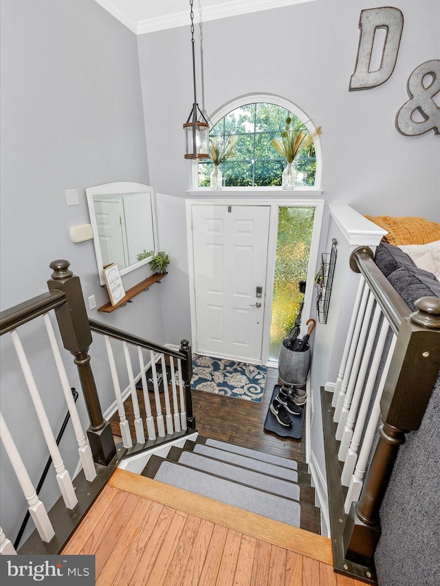 1501 Rambling Way, Frederick, MD 21701 - entryway with a towering ceiling, wood finished floors, and ornamental molding