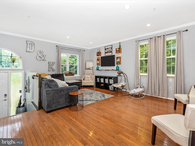 1501 Rambling Way, Frederick, MD 21701 - living area featuring wood-type flooring, plenty of natural light, ornamental molding, and recessed lighting