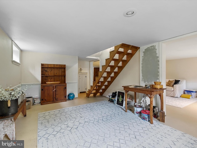 55 Ithica Ln, High View, WV 26808 - interior space with a wainscoted wall, stairway, and carpet flooring