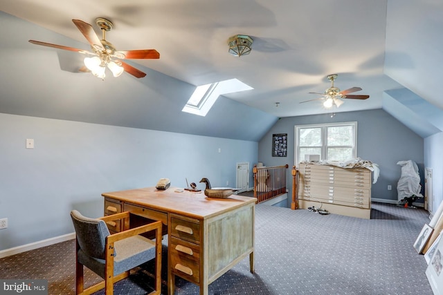 419 Coffee Goss Rd, Marietta, PA 17547 - home office featuring ceiling fan, vaulted ceiling, baseboards, carpet flooring, and a skylight
