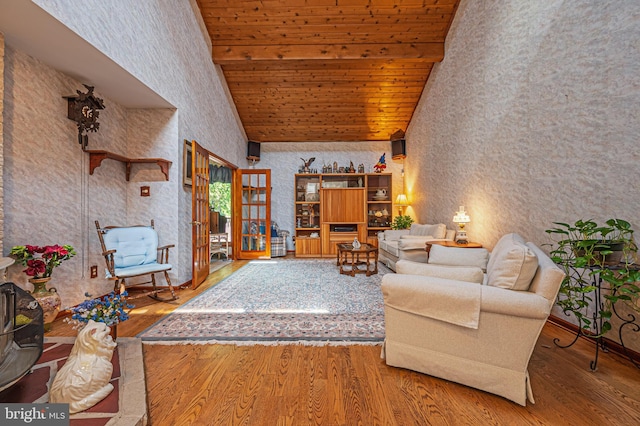 437 S 8th S, Galloway, NJ 08205 - living area featuring high vaulted ceiling, wooden ceiling, wood finished floors, wallpapered walls, and baseboards