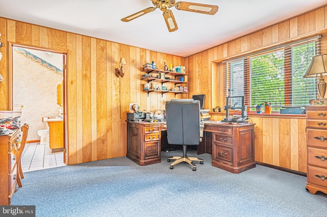 437 S 8th S, Galloway, NJ 08205 - office area featuring wood walls, carpet flooring, and a ceiling fan