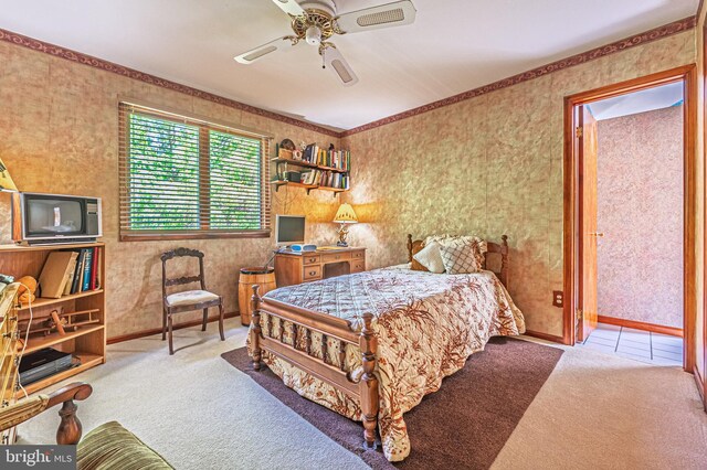 437 S 8th S, Galloway, NJ 08205 - carpeted bedroom featuring baseboards, wallpapered walls, ceiling fan, and ornamental molding