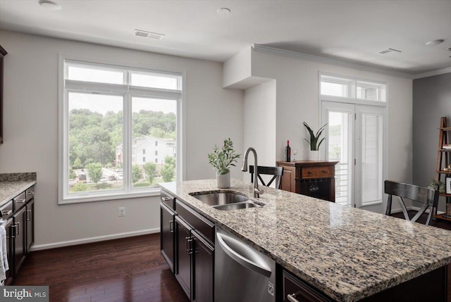 1318 Ribbon Limestone Ter SE, Leesburg, VA 20175 - kitchen featuring dishwasher, plenty of natural light, light stone counters, and ornamental molding