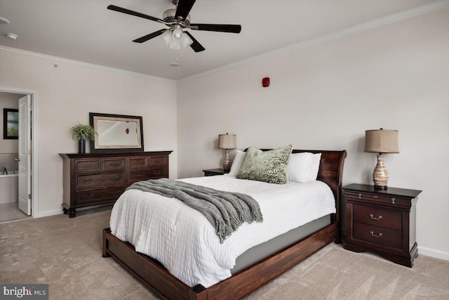 1318 Ribbon Limestone Ter SE, Leesburg, VA 20175 - bedroom featuring light carpet, crown molding, a ceiling fan, and connected bathroom