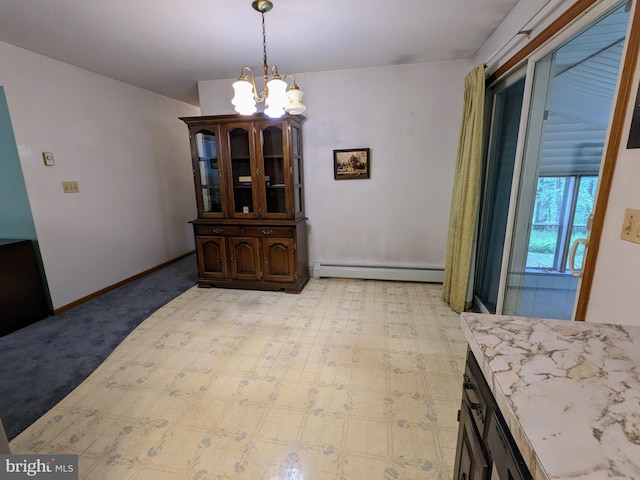 180 Arbor Rd, Lehighton, PA 18235 - dining space with a baseboard radiator, a chandelier, baseboards, and light colored carpet