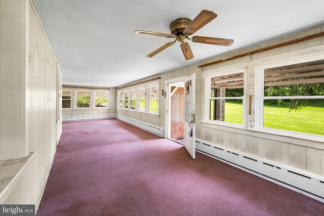 3577 Olde Bedminster Rd, Ottsville, PA 18942 - unfurnished sunroom featuring carpet flooring, a baseboard radiator, and a ceiling fan
