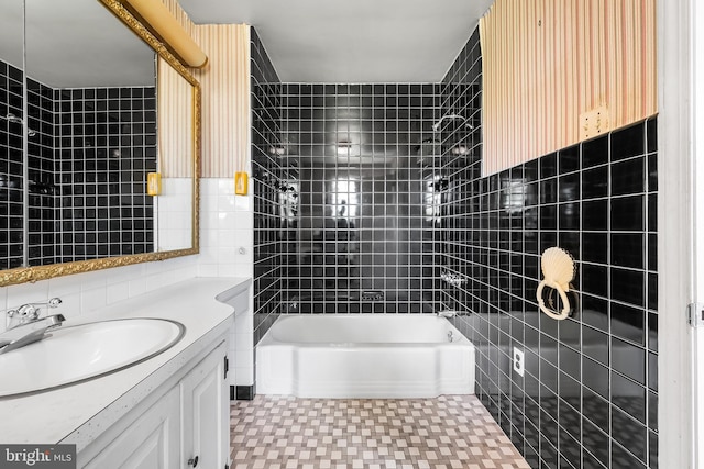 3577 Olde Bedminster Rd, Ottsville, PA 18942 - bathroom with tile walls, vanity, shower / bathtub combination, and tile patterned floors