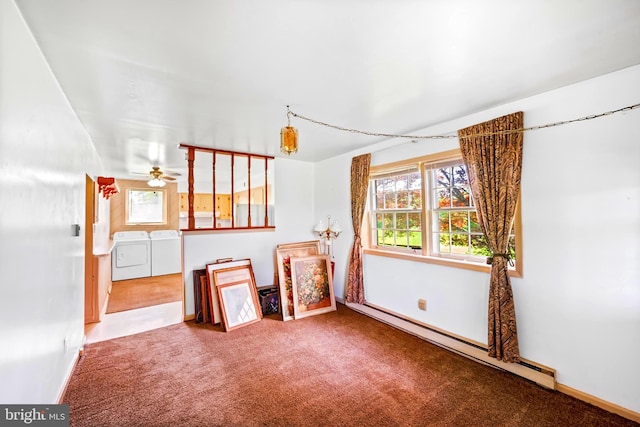 3577 Olde Bedminster Rd, Ottsville, PA 18942 - unfurnished room with baseboard heating, washing machine and clothes dryer, carpet floors, ceiling fan, and baseboards