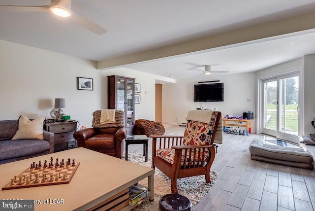 279 Apache Dr, Shickshinny, PA 18655 - living room with a ceiling fan, wood finish floors, and beam ceiling